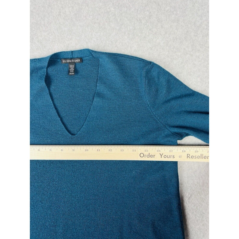 Eileen Fisher Tunic Sweater Womens XS Teal Italian Yarn V Neck Knit Pullover - Picture 10 of 14